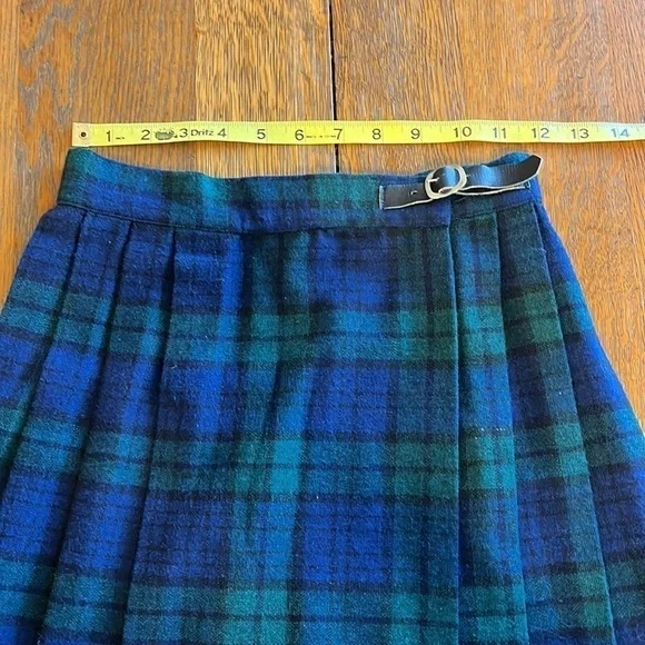 Vintage Changing Scene wool blend green and blue plaid wrap midi skirt size 7 - Picture 9 of 10